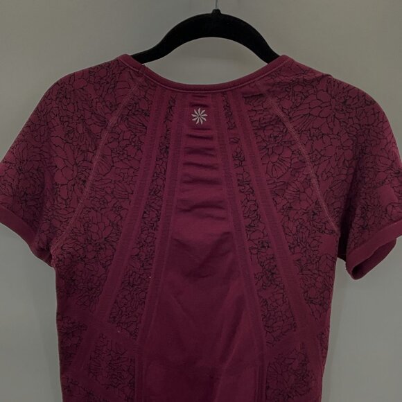 Athleta Burgundy Medium Women's Floral Mesh Short Sleeve Top Activewear - Picture 5 of 7